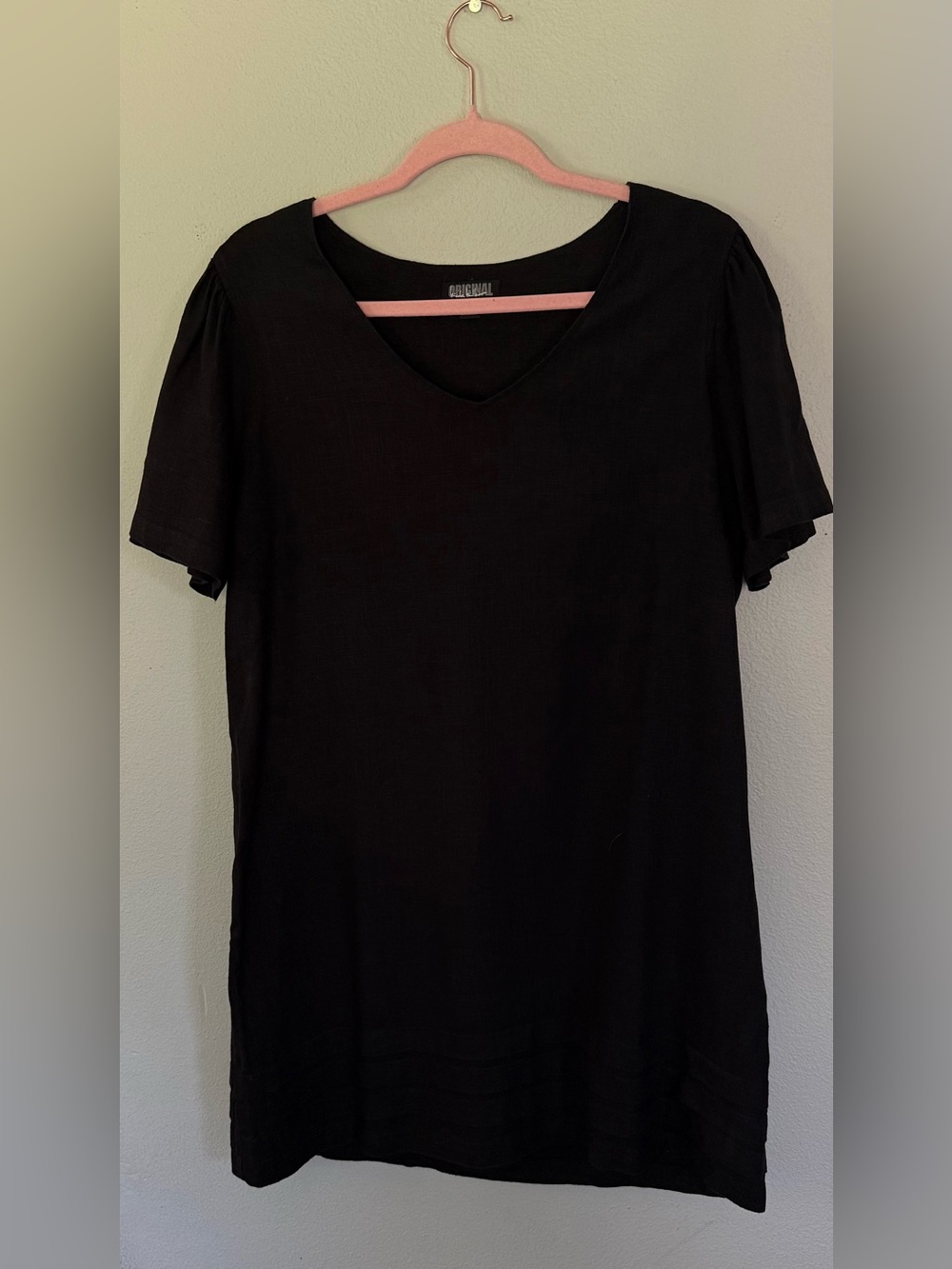Nicole Miller Original Black Linen Blend V-Neck Shift Dress Pintuck Hem Size L